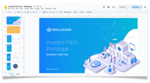 A Google Slides presentation design showcasing an investor pitch deck with a clean, modern layout, gradient blue background, and isometric healthcare-themed illustrations. The design includes well-organized text, visual elements, and branding, highlighting effective use of typography, icons, and graphics for a professional presentation.