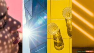 Four-panel collage showing a woman's face with dappled light, modern glass architecture with bright sun flare, a top-down view of crystal glasses casting shadows on yellow tiles, and warm diagonal light across a yellow surface with the Richmond Concept logo
